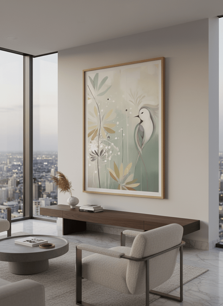 Monumental artwork centred on a feature wall in a luxe interior
