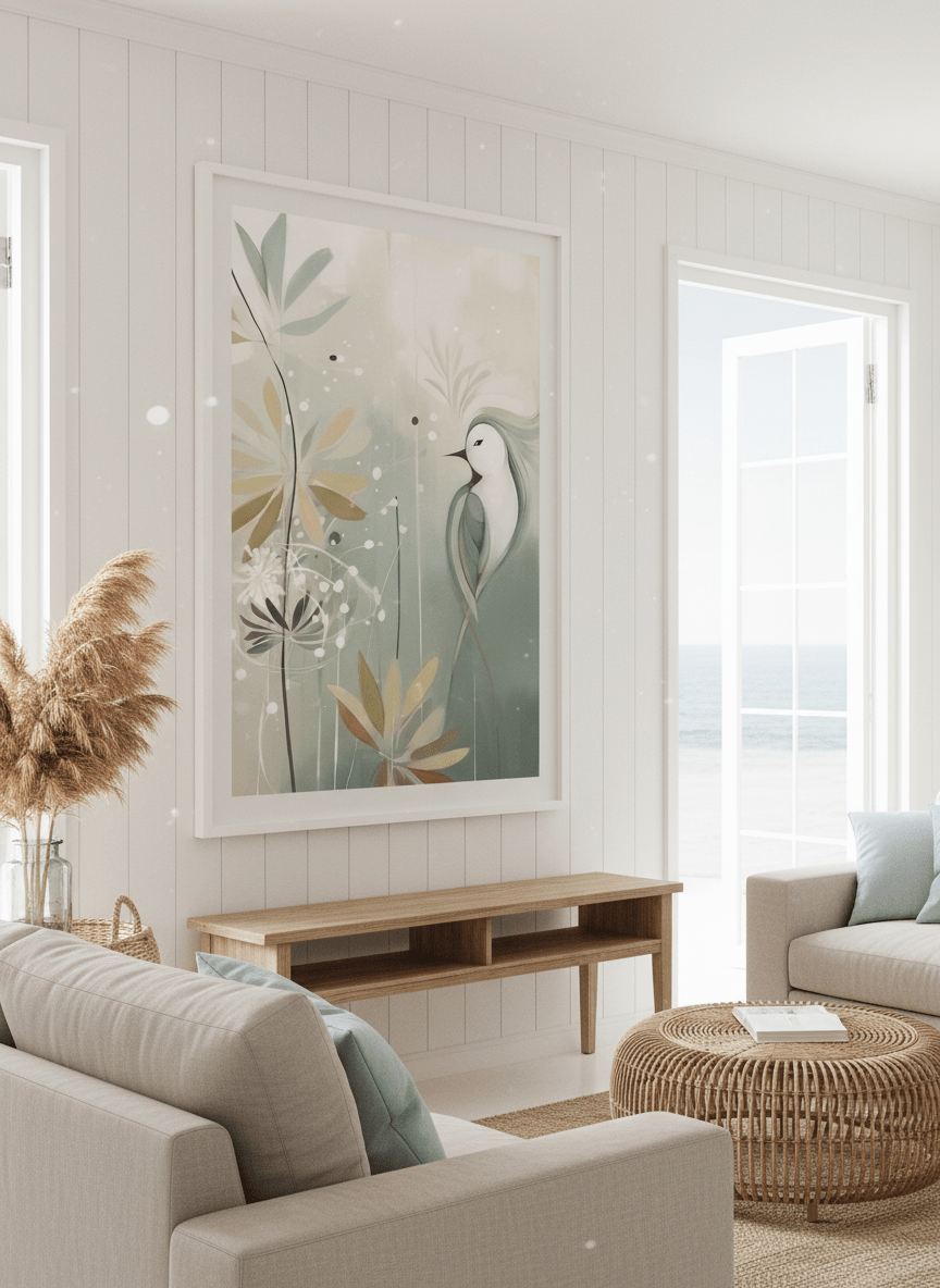 Neutral wall art displayed in a sunny coastal beach house