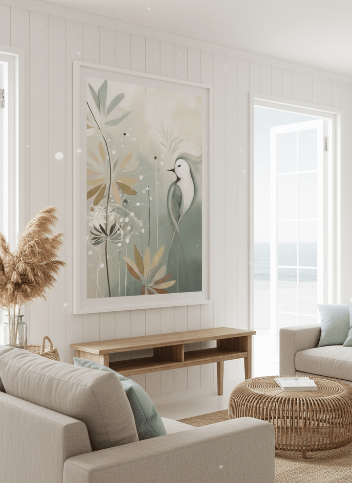 Neutral wall art displayed in a sunny coastal beach house
