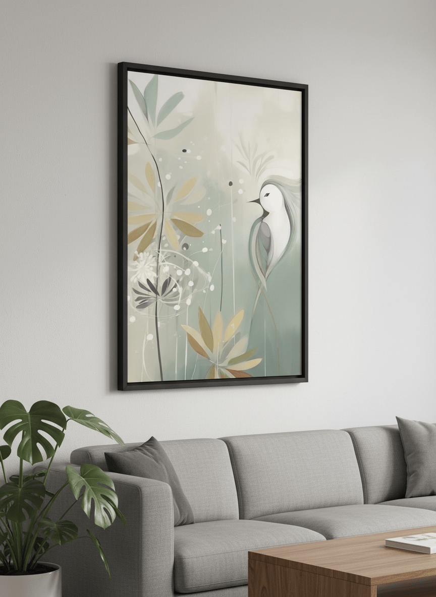 Modern wall art styled above a sofa in a neutral living room