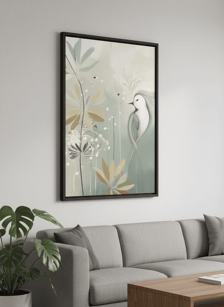 Modern wall art styled above a sofa in a neutral living room