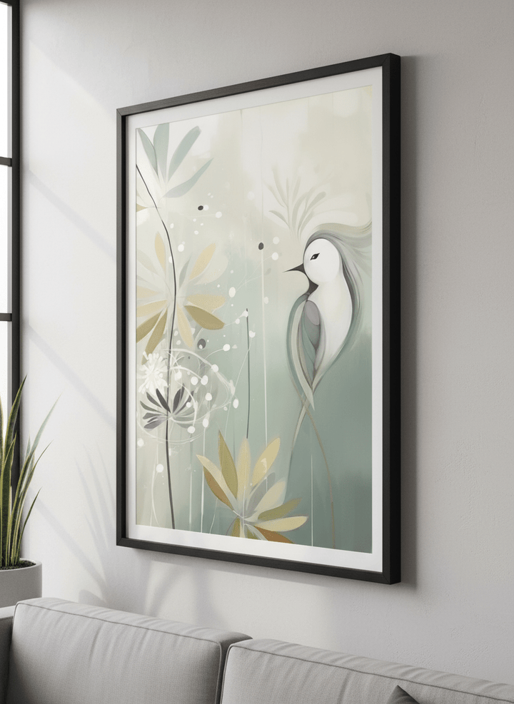Modern wall art styled above a sofa in a neutral living room
