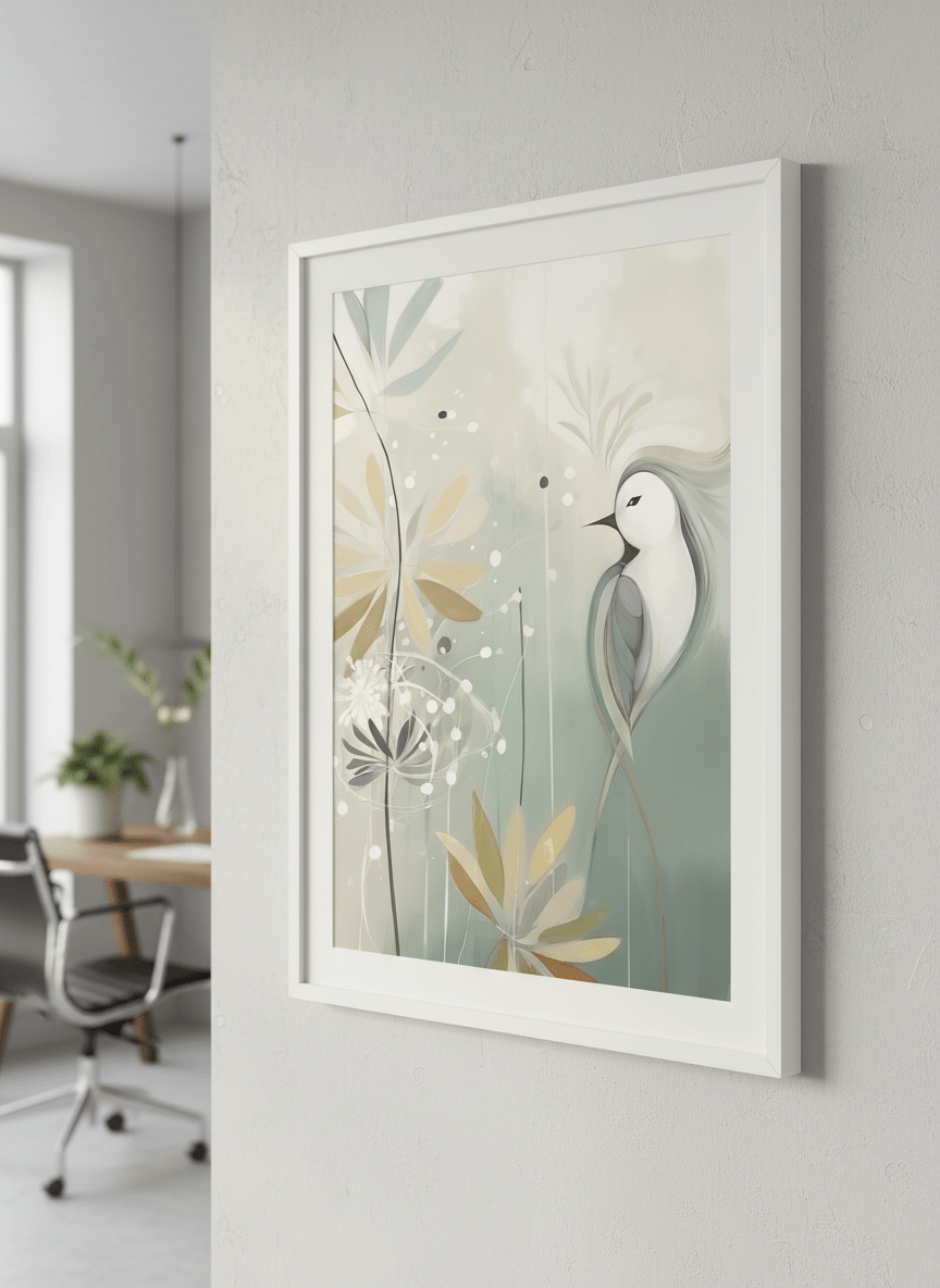 Contemporary wall art featured in a bright modern office workspace