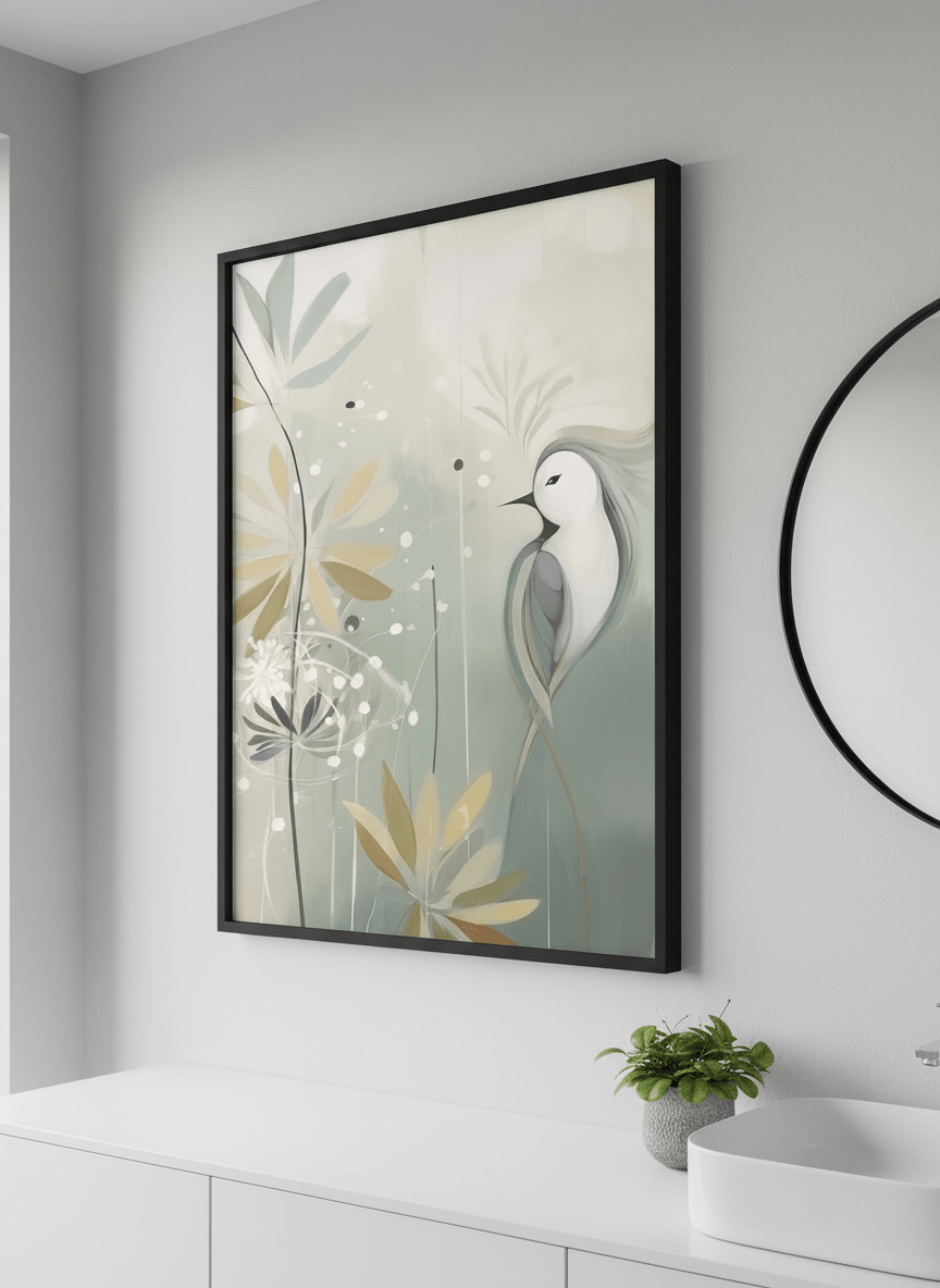 Modern print displayed in a clean minimalist bathroom setting