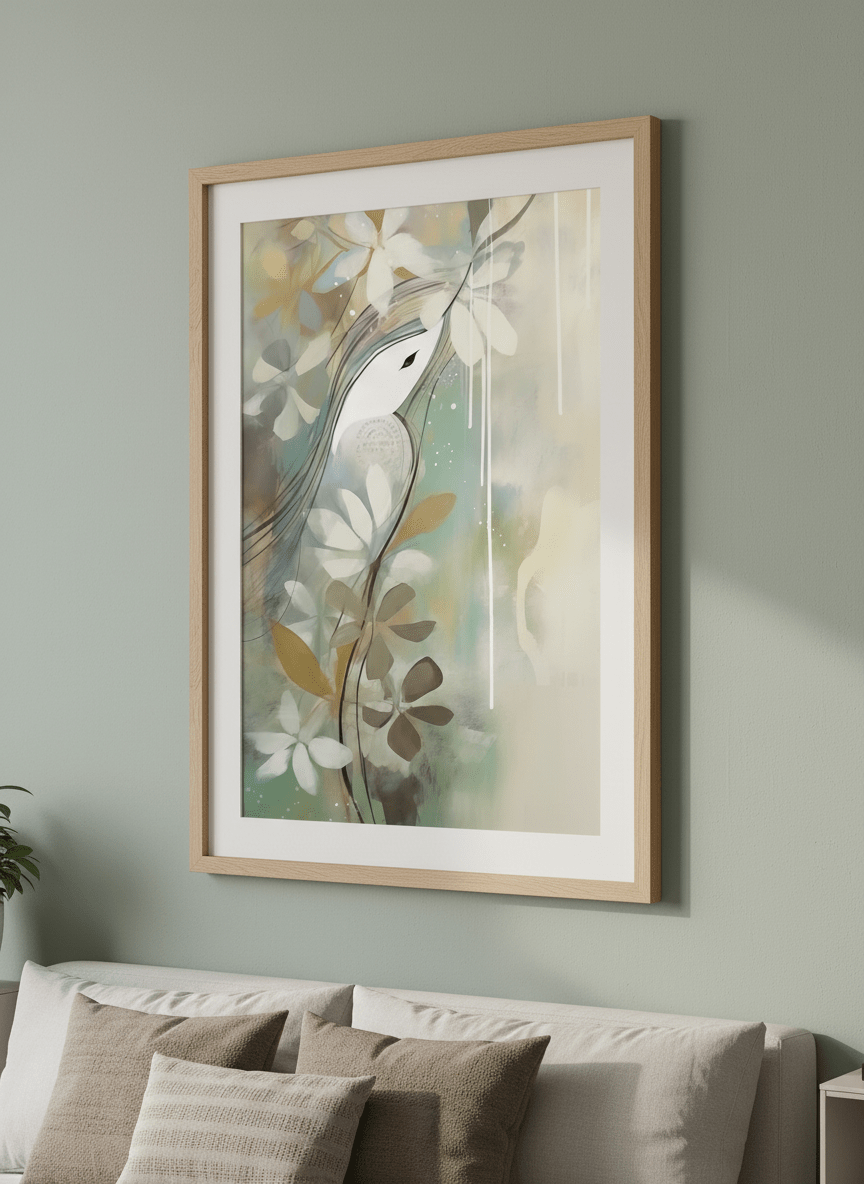 Minimalist artwork displayed in a calm, light-filled bedroom interior