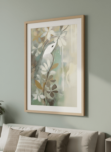 Minimalist artwork displayed in a calm, light-filled bedroom interior