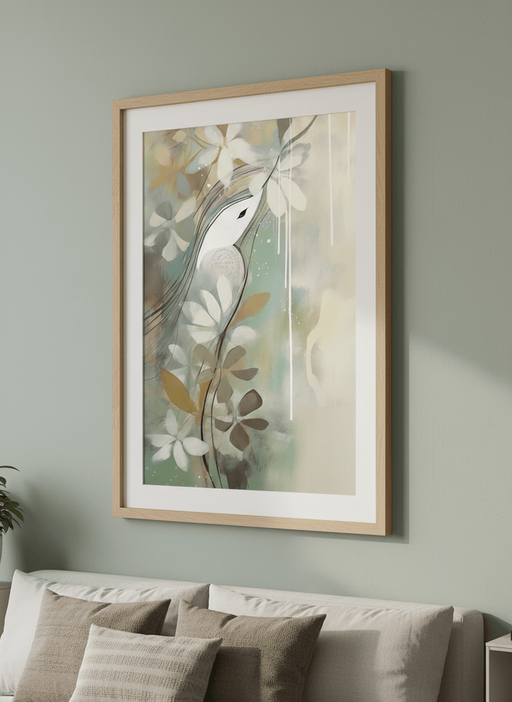 Minimalist artwork displayed in a calm, light-filled bedroom interior