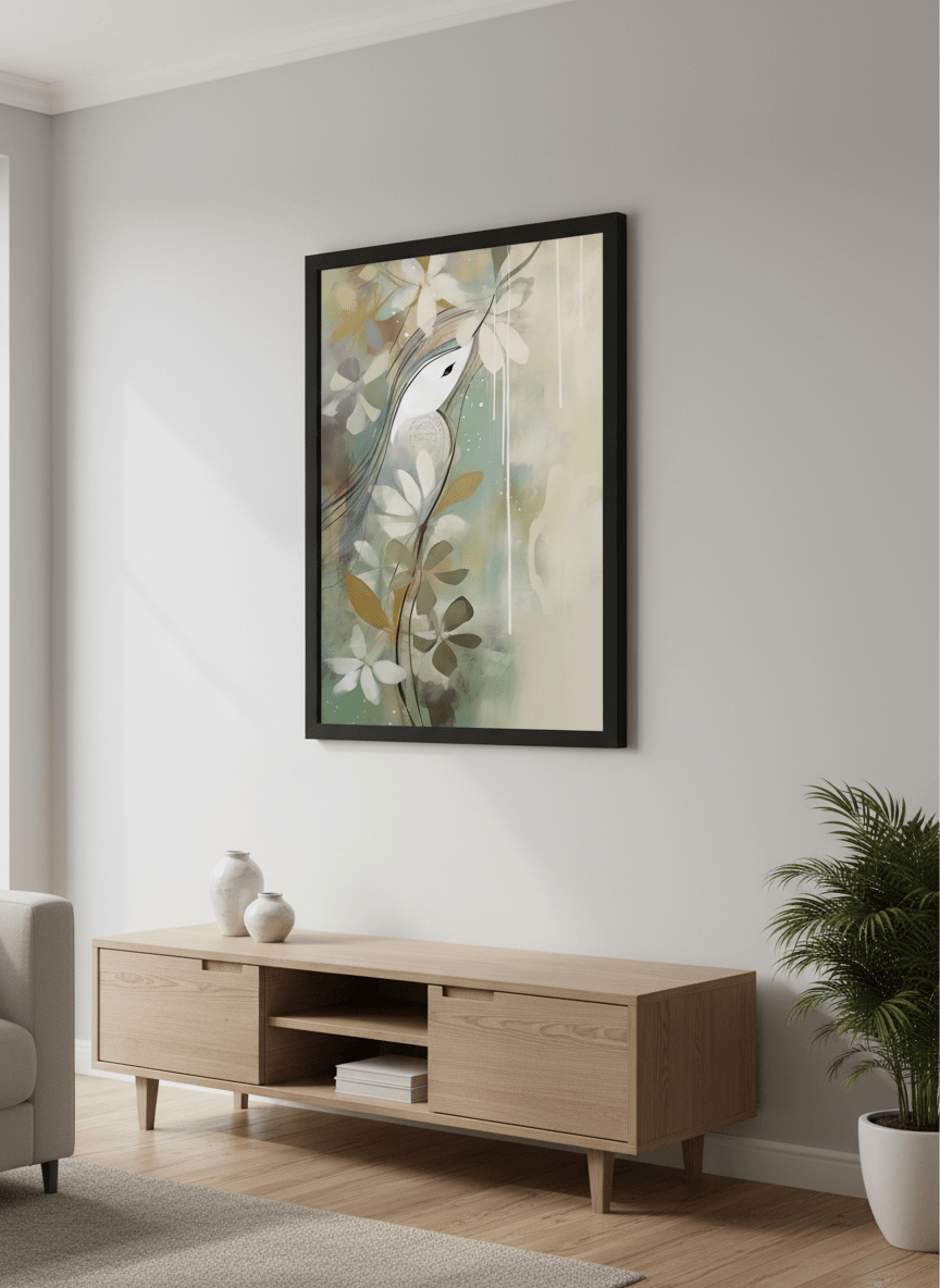 Modern wall art styled above a sofa in a neutral living room