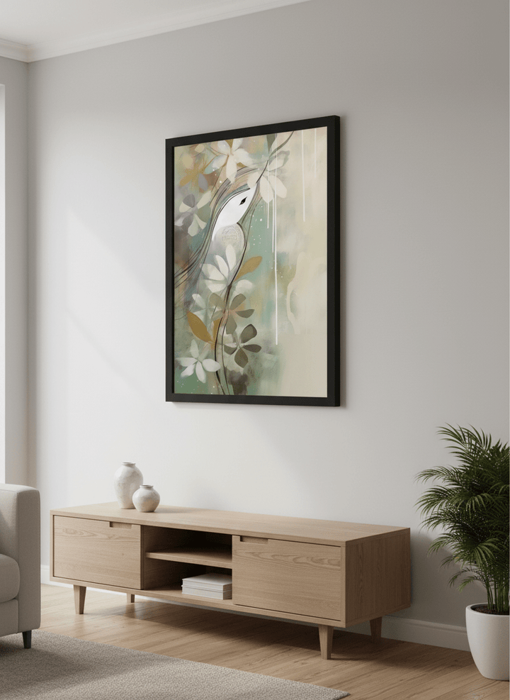 Modern wall art styled above a sofa in a neutral living room
