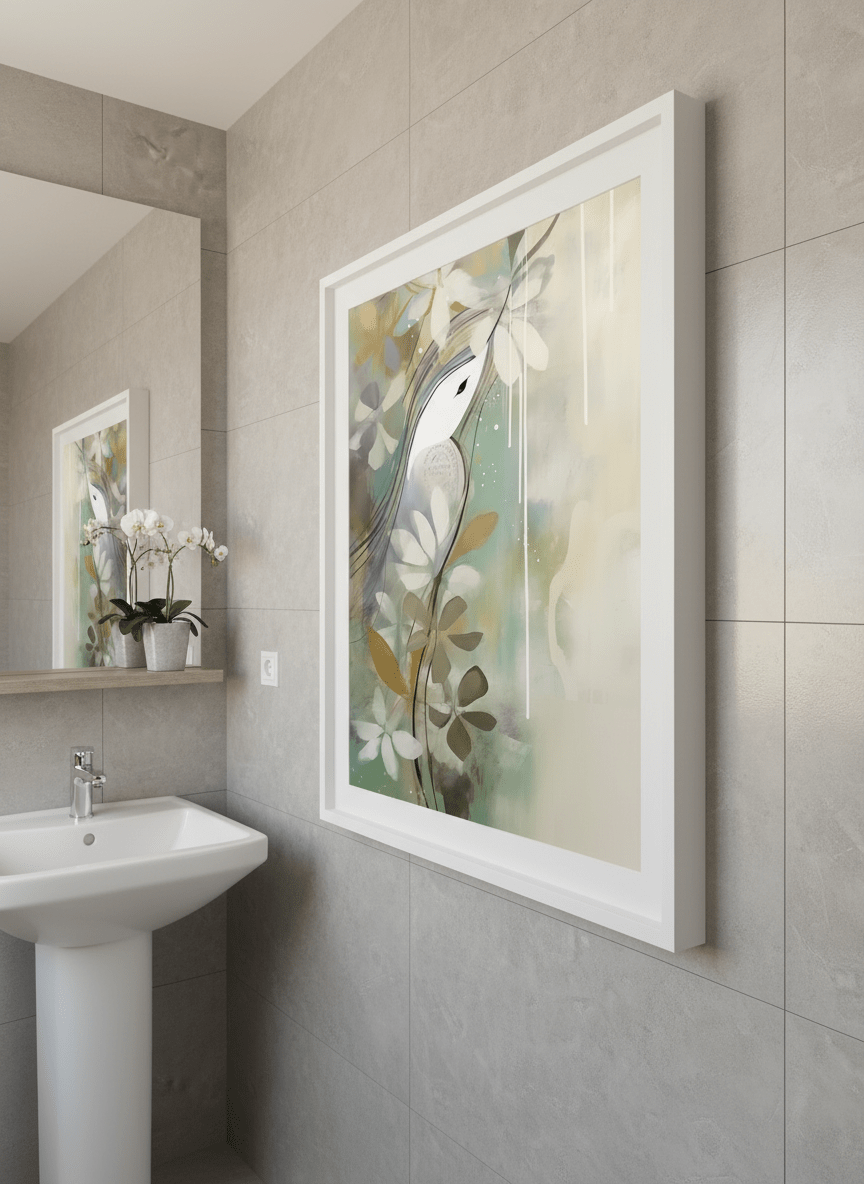 Modern print displayed in a clean minimalist bathroom setting