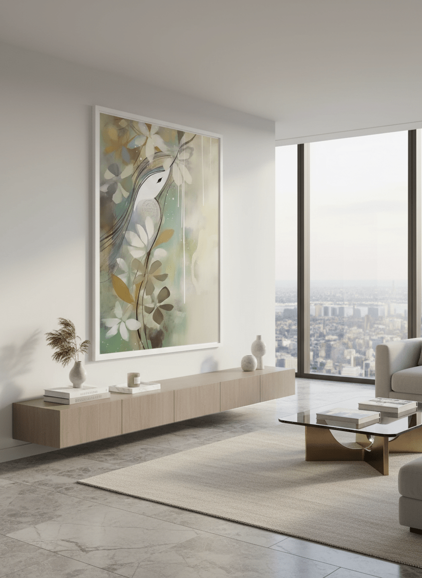 Monumental artwork centred on a feature wall in a luxe interior