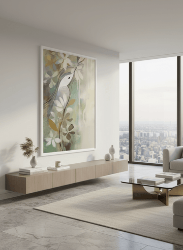 Monumental artwork centred on a feature wall in a luxe interior