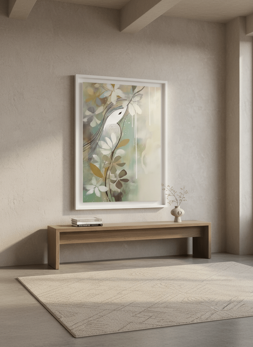 Monumental artwork centred on a feature wall in a luxe interior