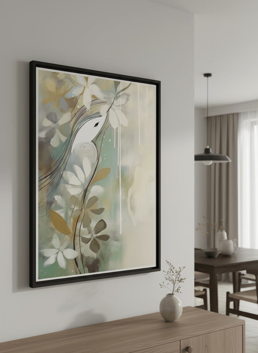Wall art styled above a dining table in a contemporary home