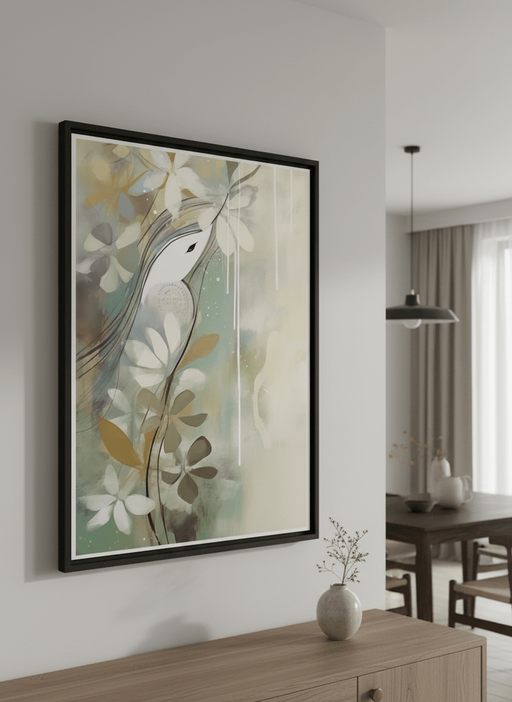 Wall art styled above a dining table in a contemporary home