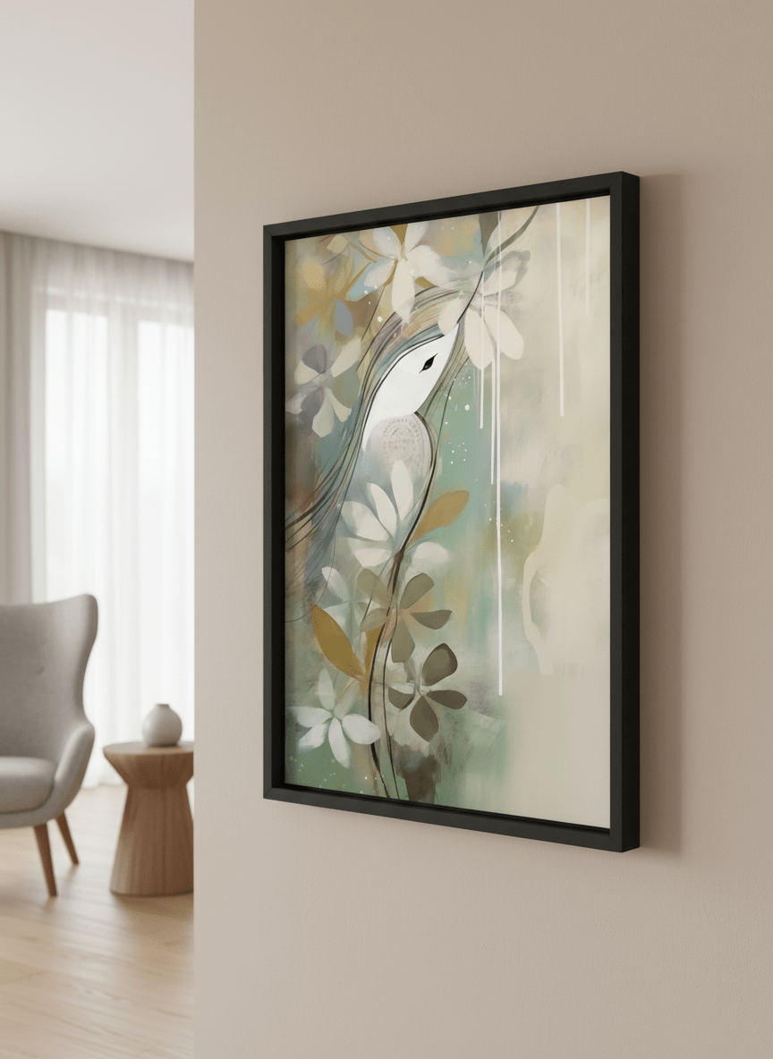 Modern wall art styled above a sofa in a neutral living room