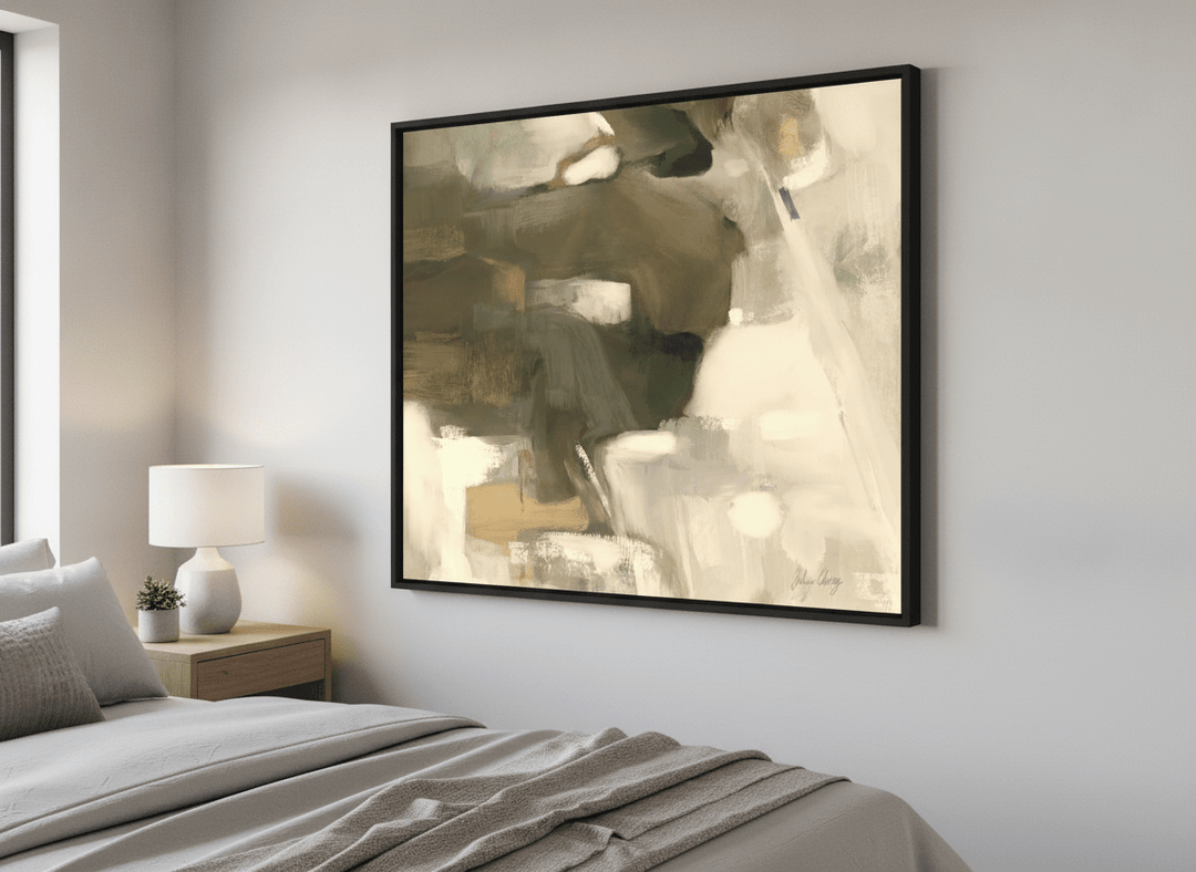 Minimalist artwork displayed in a calm, light-filled bedroom interior