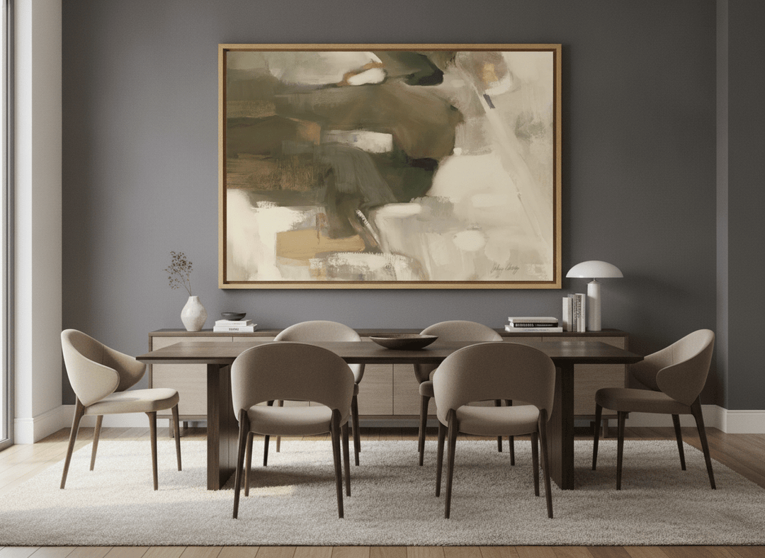 Monumental artwork centred on a feature wall in a luxe interior