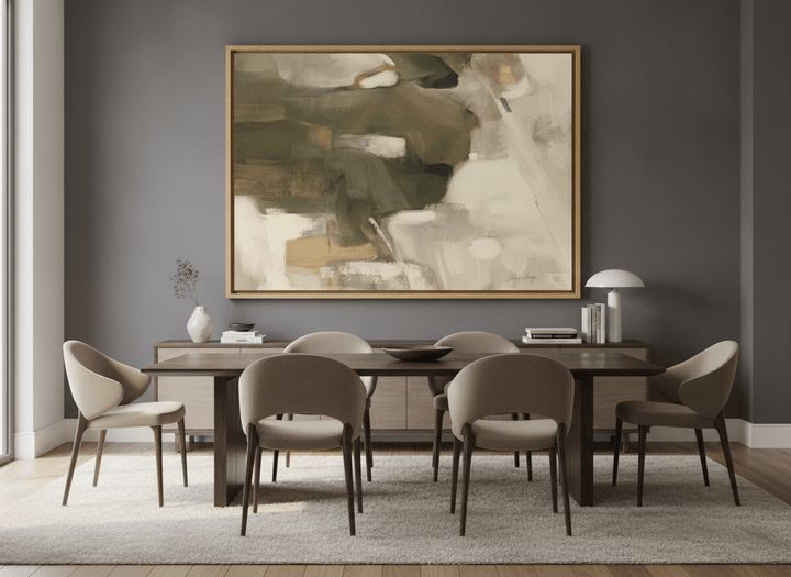 Monumental artwork centred on a feature wall in a luxe interior