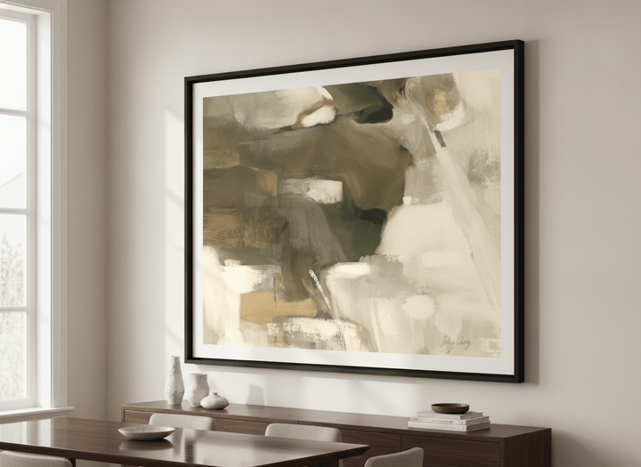 Wall art styled above a dining table in a contemporary home