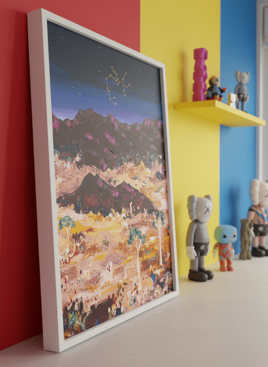 Bold wall art styled in a colourful, eclectic modern home