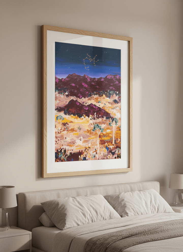 Minimalist artwork displayed in a calm, light-filled bedroom interior