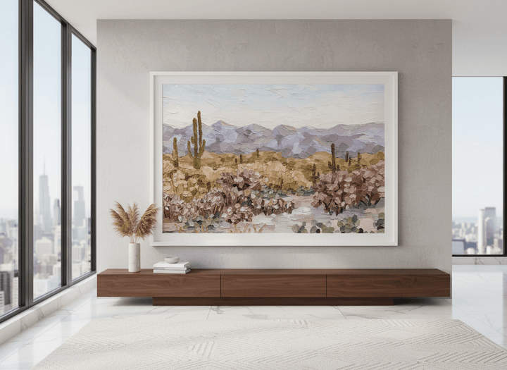 Monumental artwork centred on a feature wall in a luxe interior