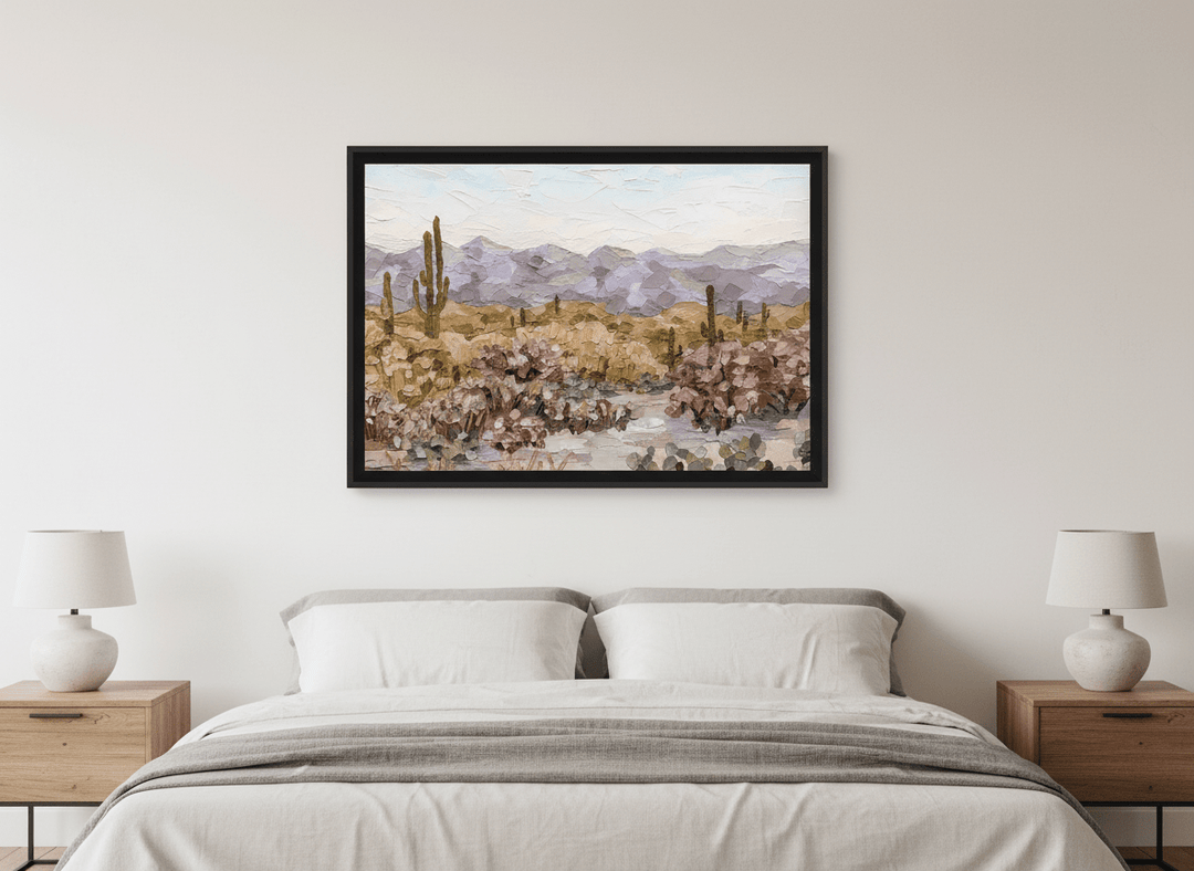 Minimalist artwork displayed in a calm, light-filled bedroom interior