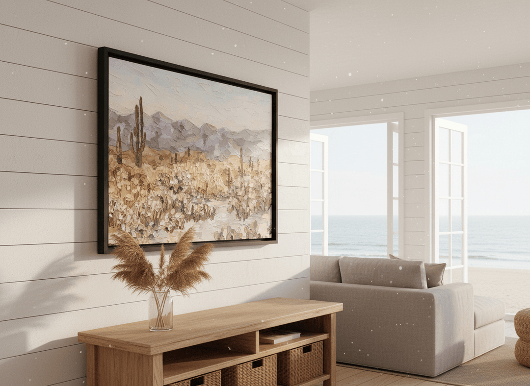 Neutral wall art displayed in a sunny coastal beach house