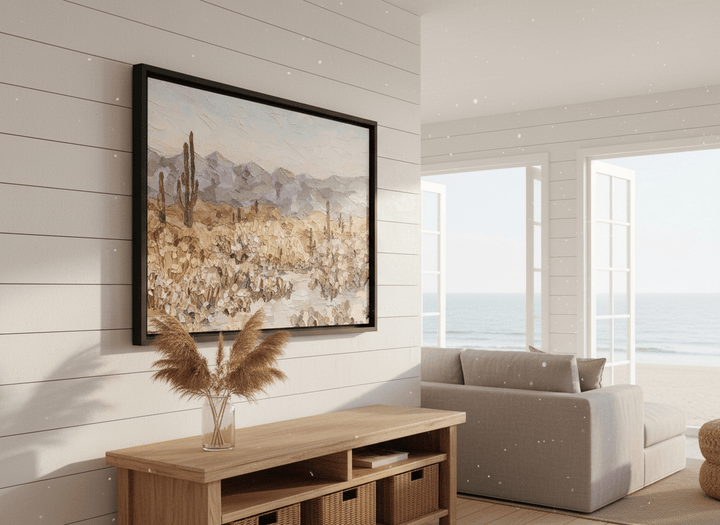 Neutral wall art displayed in a sunny coastal beach house