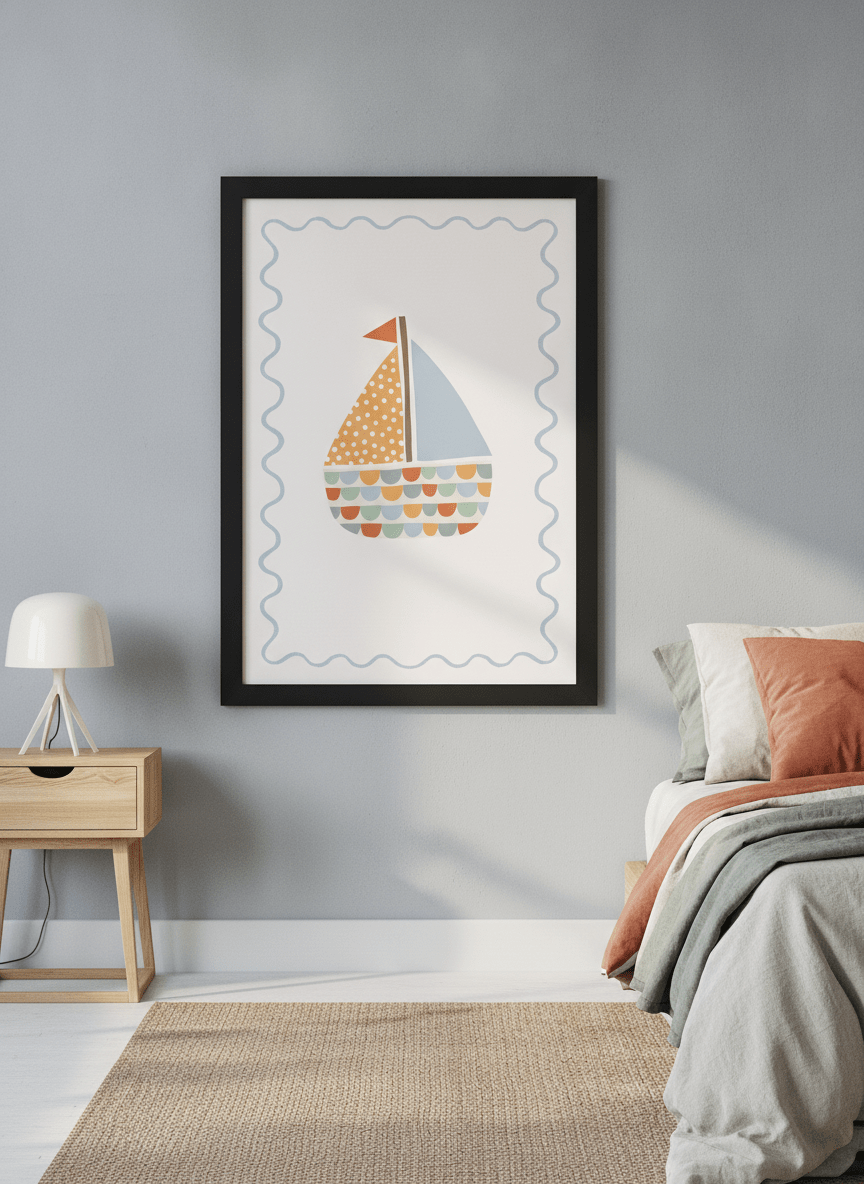 Minimalist artwork displayed in a calm, light-filled bedroom interior