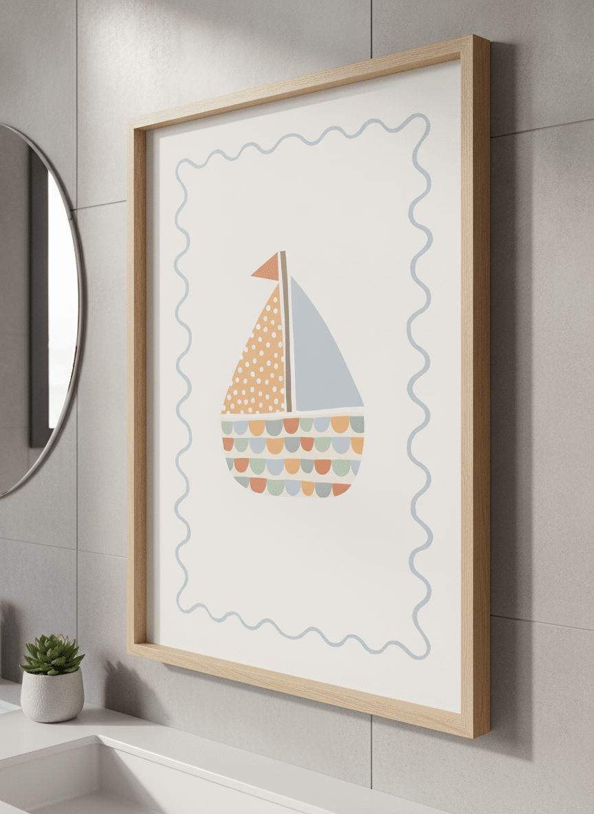 Modern print displayed in a clean minimalist bathroom setting