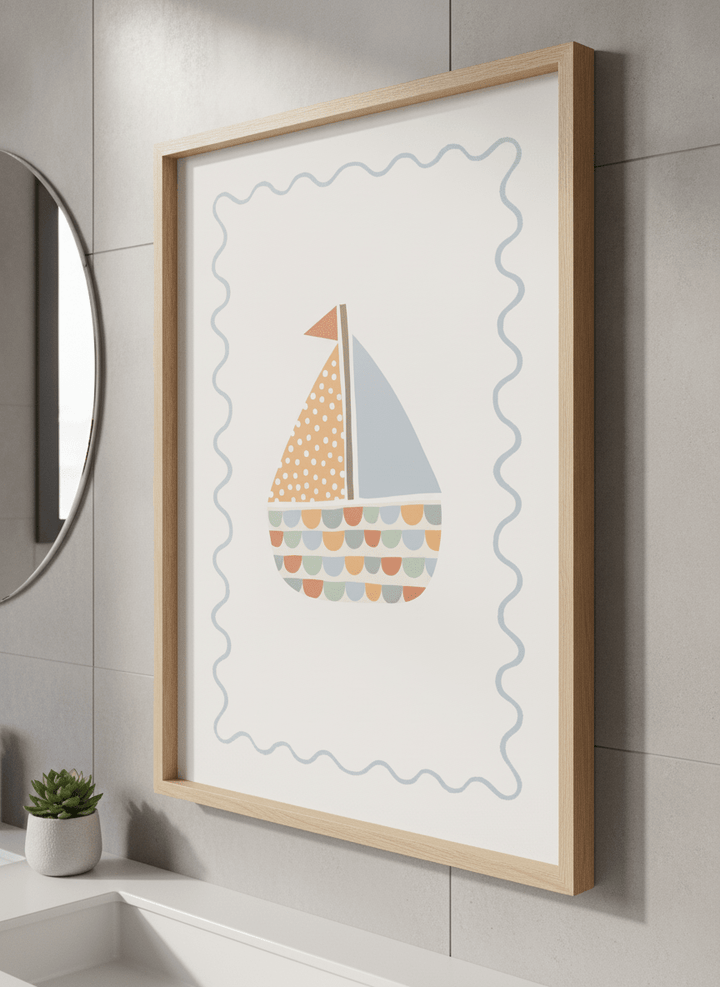 Modern print displayed in a clean minimalist bathroom setting