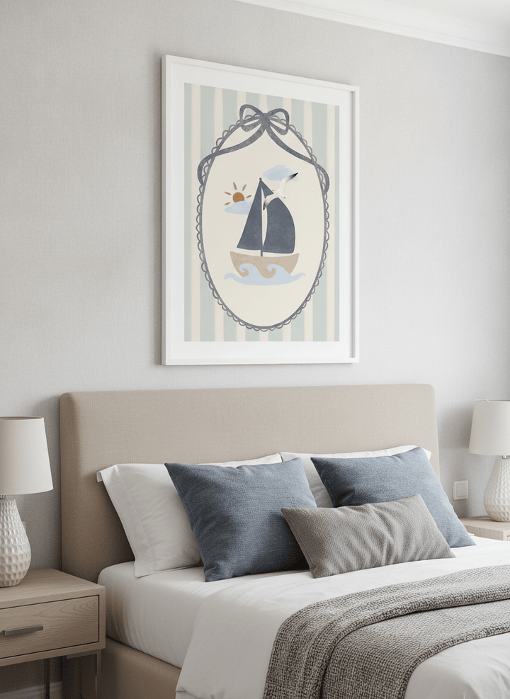 Minimalist artwork displayed in a calm, light-filled bedroom interior
