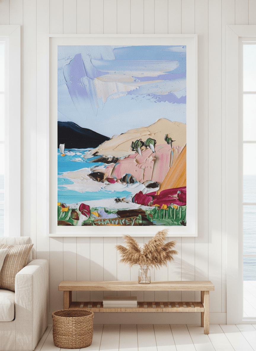 Neutral wall art displayed in a sunny coastal beach house