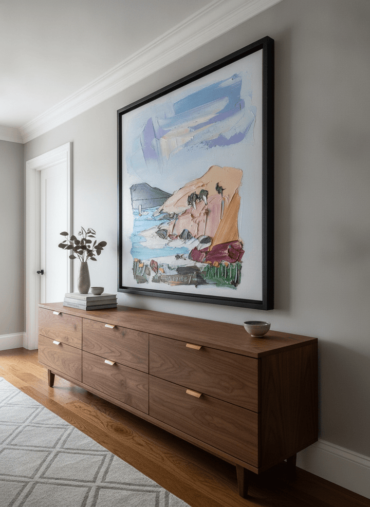 Monumental artwork centred on a feature wall in a luxe interior