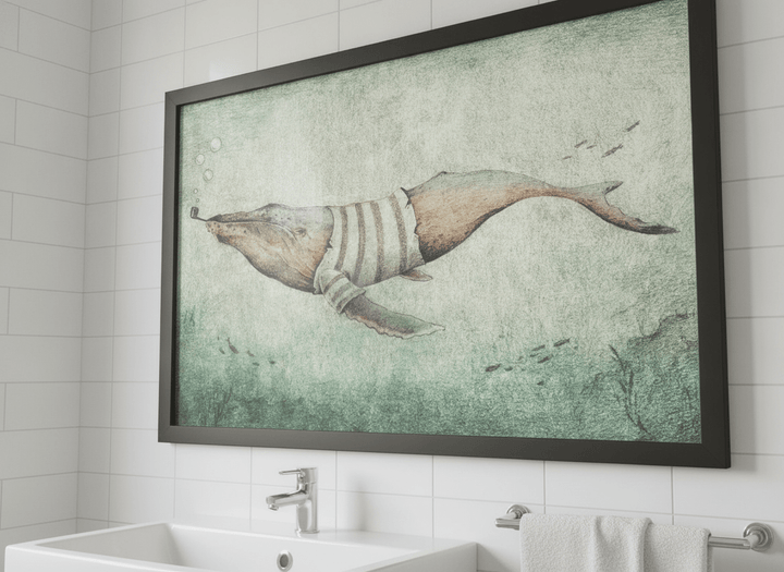 Modern print displayed in a clean minimalist bathroom setting