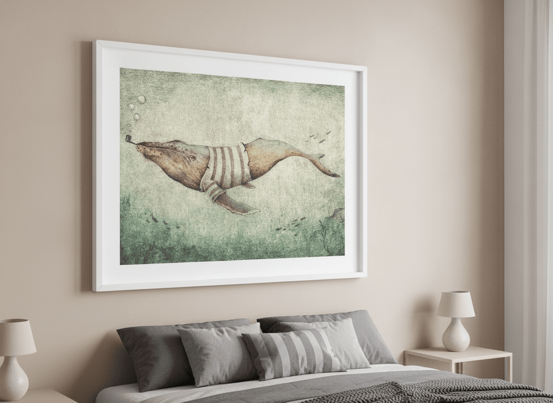 Minimalist artwork displayed in a calm, light-filled bedroom interior