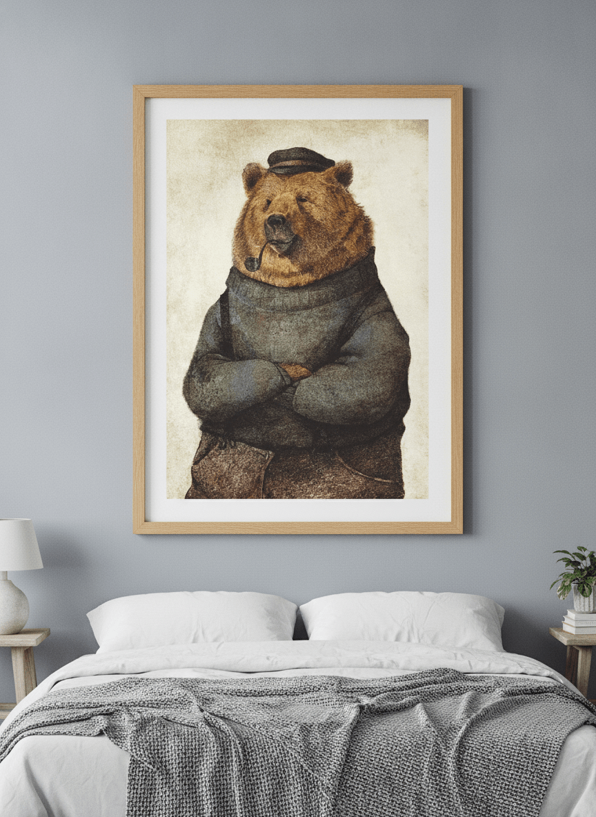 Minimalist artwork displayed in a calm, light-filled bedroom interior