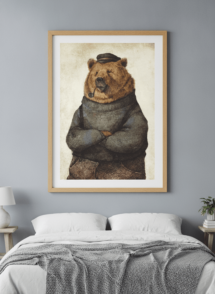 Minimalist artwork displayed in a calm, light-filled bedroom interior