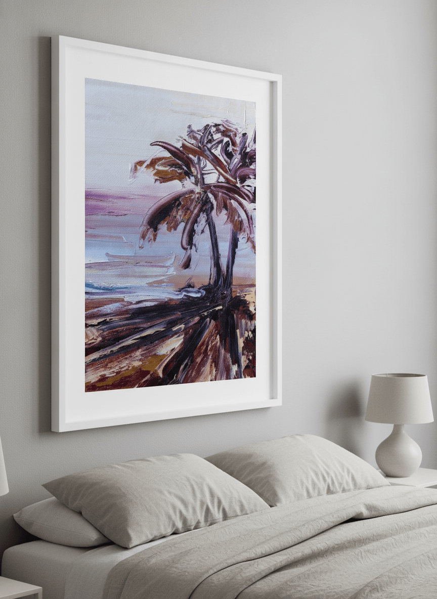 Minimalist artwork displayed in a calm, light-filled bedroom interior