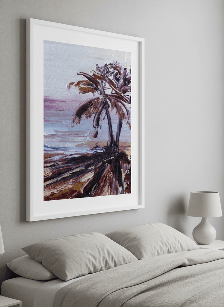 Minimalist artwork displayed in a calm, light-filled bedroom interior