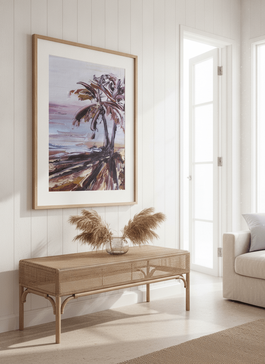 Neutral wall art displayed in a sunny coastal beach house