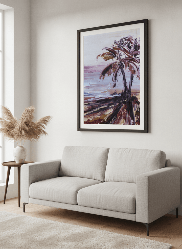 Modern wall art styled above a sofa in a neutral living room