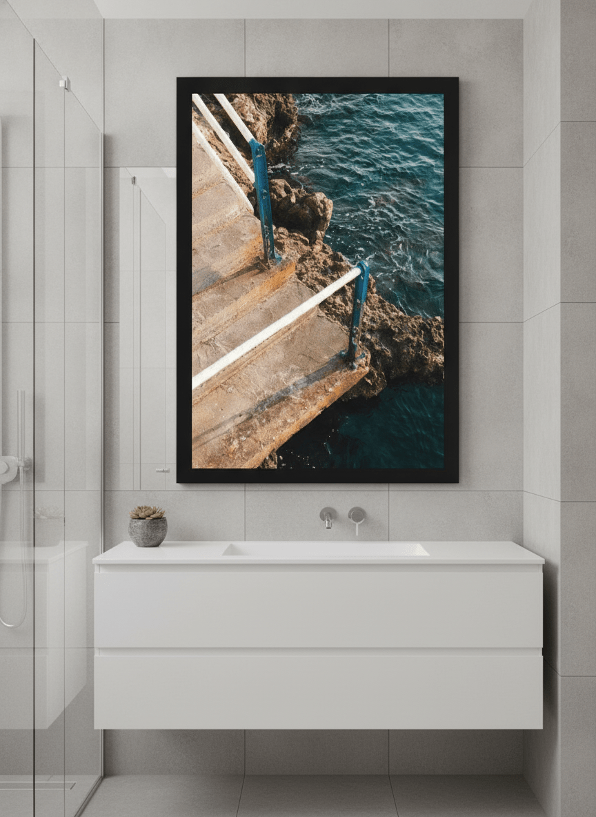 Modern print displayed in a clean minimalist bathroom setting