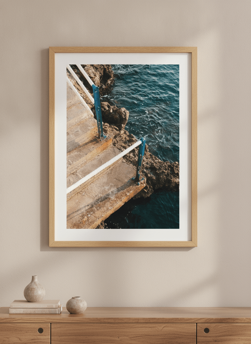 Minimalist artwork displayed in a calm, light-filled bedroom interior