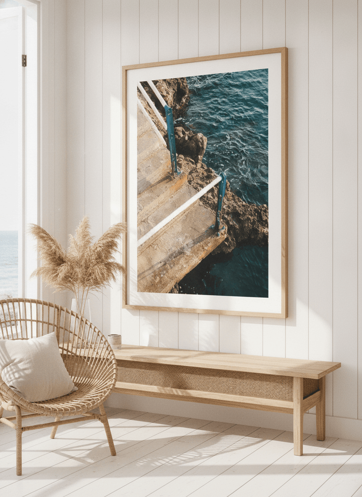Neutral wall art displayed in a sunny coastal beach house