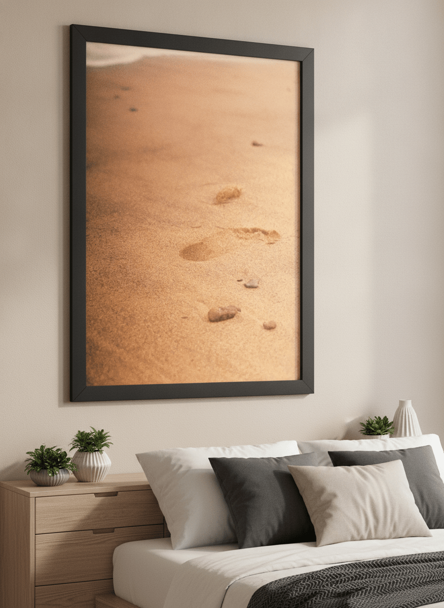 Minimalist artwork displayed in a calm, light-filled bedroom interior