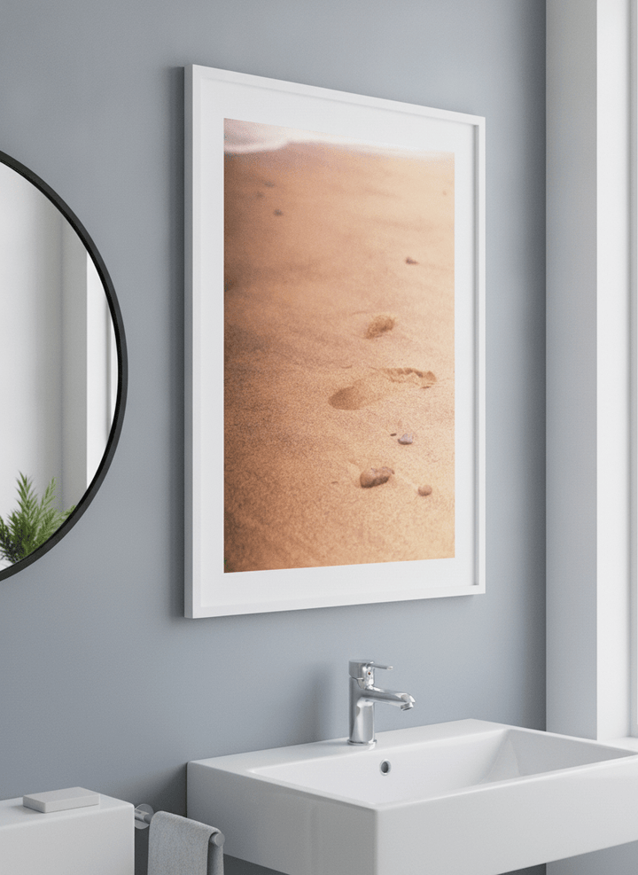 Modern print displayed in a clean minimalist bathroom setting