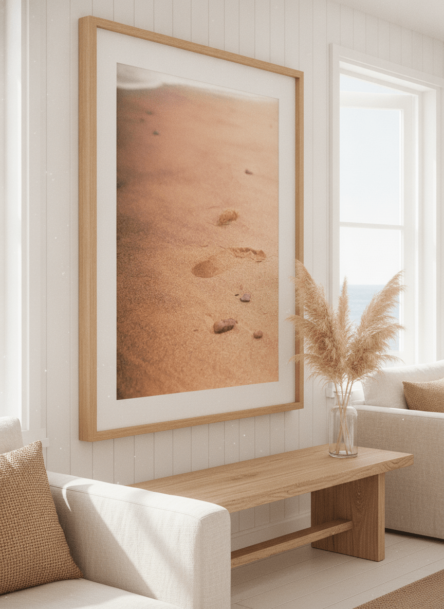 Neutral wall art displayed in a sunny coastal beach house